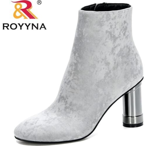 ROYYNA 2021 New Designers Flock High Metal Heels Zippers Winter Ankle Boots Women Round Toe High Top Fashion Boots Ladies Comfy