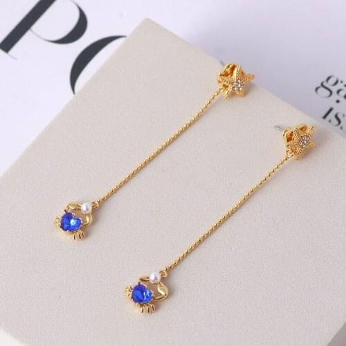 Ocean Wind series small fresh cute three-dimensional small crab shape inlaid with blue love water drill long earrings female