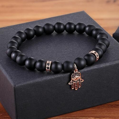 TYO Elegant Lucky Turkish Hamsa Hand Evil Eye Pendant 8MM Black Beads Strand Bracelets Bangles for Friends Friendship Jewelry
