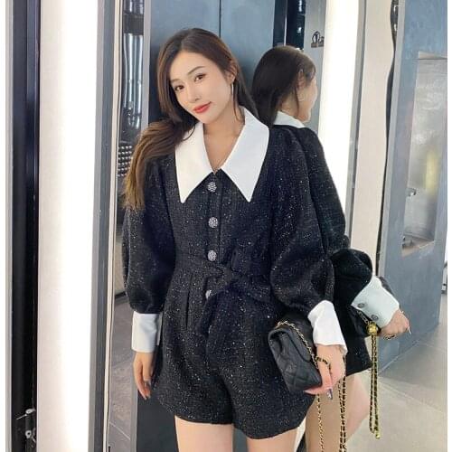 High Quality Sequins Weave Slim Black Jumpsuit Fashionable Refined Elegant Casual Wide-Leg Short Jumpsuit Women Fall Winter New