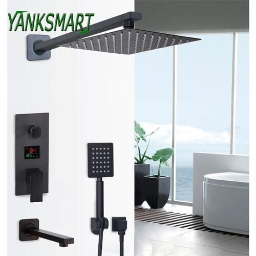 YANKSMART Wall Mounted Black Bathroom Shower Faucet Set Rainfall 3-functions Digital Shower Faucet 2-ways Digital Display Tap