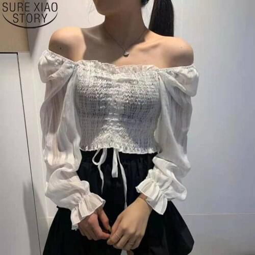 2021 Summer Slash Neck Off Shoulder Blouse Korean Puff Long Sleeve Shirt Top Women Shirts Blouses Shirring Pleated Clothes 15610