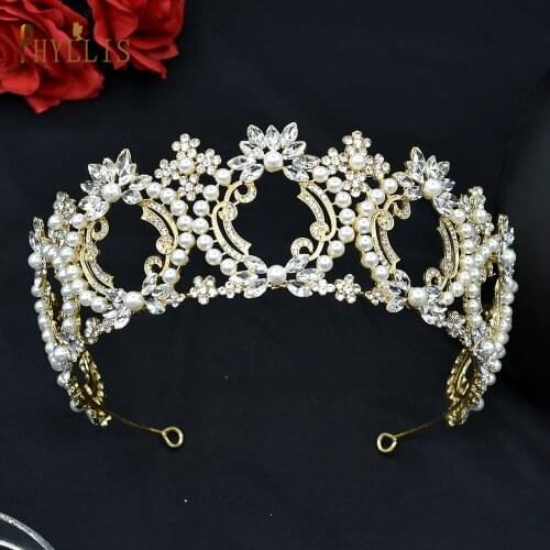 A116 Round Wedding Crown and Tiara Pearl Bride Hair Accessories Princess Rhinestone Headbands Hair Jewelry for Women Headwear