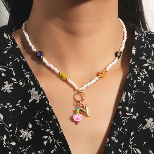 Bohemian Ladies Handmade White Multicolor Glazed Glass Beads Separate Beaded Necklace For Women Heart Cat Paw Pendants Necklace