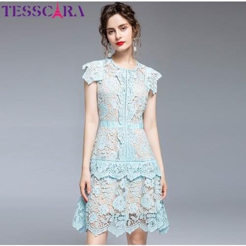 TESSCARA Women Luxury Blue Lace Dress Festa High Quality Elegant Wedding Party Robe Femme Vintage Designer Evening Vestidos