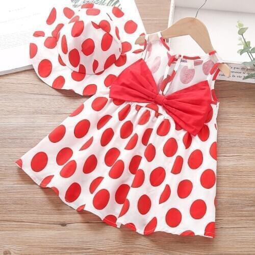 2020 Girls Polka Dot Dress Hat Summer Sleeveless Cotton Dress Casual Fashion Childrens Clothing For Girls' Costumes Red Yellow