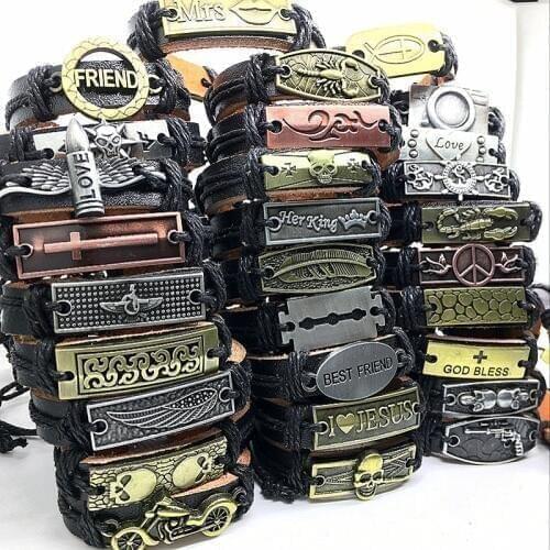 Wholesale Lots Bulk 50pcs genuine Cuff leather Bracelet Men Women unisex mosaic Copper alloy Mix Styles Fashion Handmade Jewelry