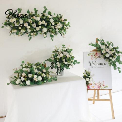 Flone Artificial Flowers Arrangement Wedding Welcome Sign Centerpiece Table Runners White Backdrop Floral Stage Decoration