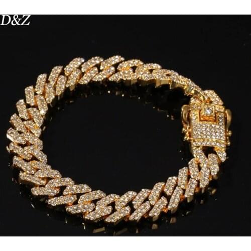 D&Z 12mm Miami Cuban Link Bracelet In Gold Iced Out Paved Rhinestones CZ Bling For Men/Women Hip Hop Fashion Jewelry