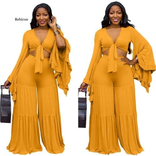 Women Ruffle Long Sleeve 2 Piece Sets Outfits Sexy Lace-Up V-Neck Top with Floor Length Trouser Plus Size Set