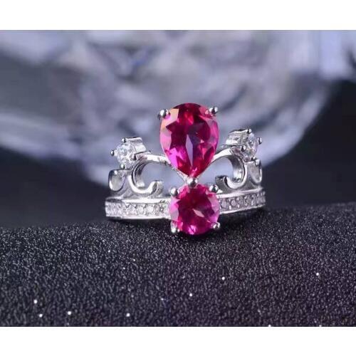 Natural pink topaz gem Ring Natural gemstone ring 925 sterling silver trendy Luxury Crown two arms women party fine Jewelry