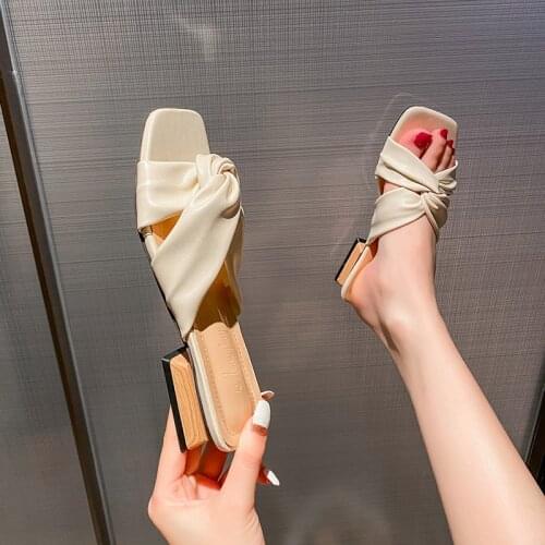 Butterfly-knot open toe sweet sandals women wooden med high heels flipflops slingback square toe sandalias mujer plus size 34-43