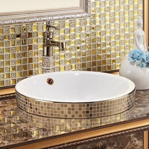 Mosaic Gold Round art basin European ceramic wash basin American table basin semi-embedded bathroom sinks counter top basin