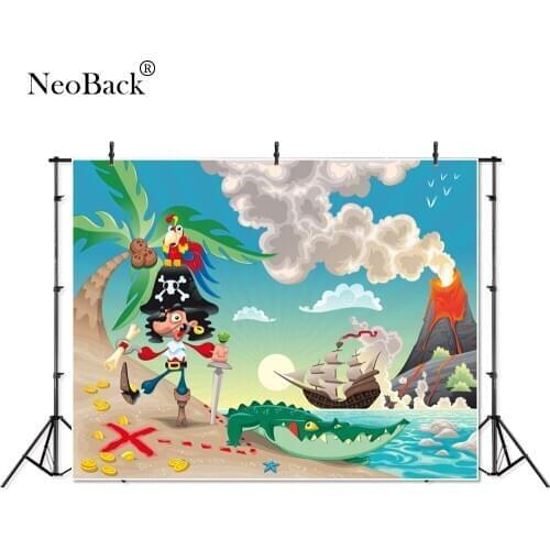 NeoBack Vinyl Photography Backdrop Cartoon Pirates Characters Volcano Birthday Party Children Studio Photo Backgrounds P4314