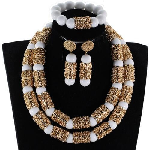 New White and Gold African Beaded Wedding Jewelry Set for Women Costume Bridal Statement Necklace Set Brides Gift WE213