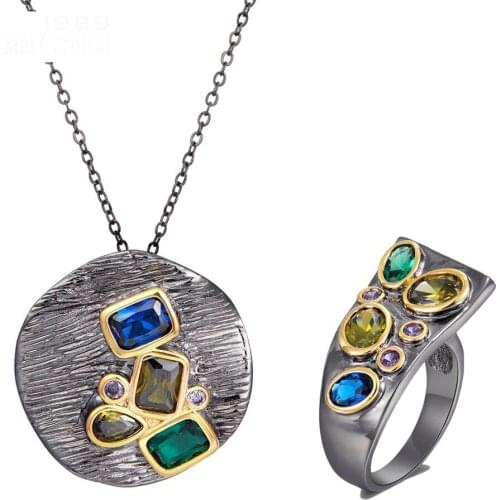 New Delicate Feminine Round Pendant-Necklace-Ring Set for Women All Shape Multi-Colors Cubic-Zirconia