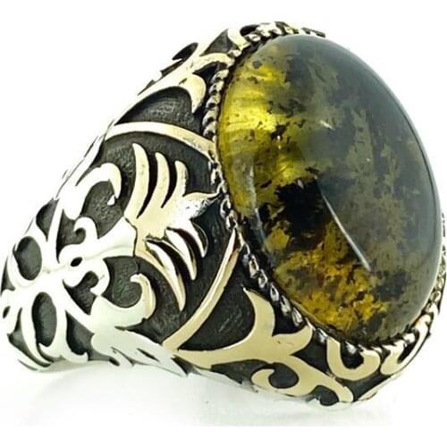 Original Drop Amber Hand Production Silver Men 'S Ring