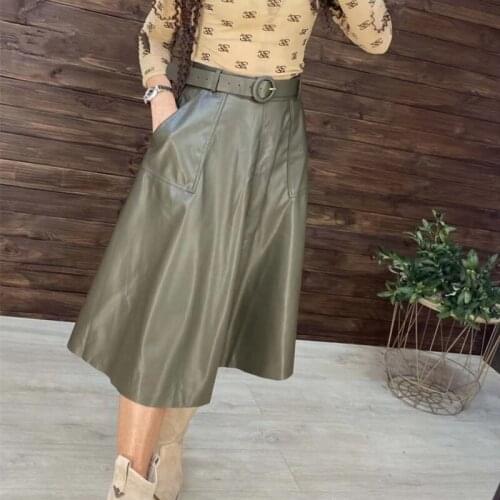 Autumn Winter 2021 New Faux PU Leather Mi-long Skirt with Belted High Waist Vintage Mid-calf Chic Umbrella A-Line Skirts
