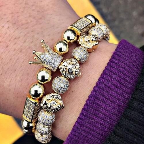 Drop Shipping New Luxury Royal CZ Pave Ball Lion Head Men Women Jewelry Bracelet Set Gift