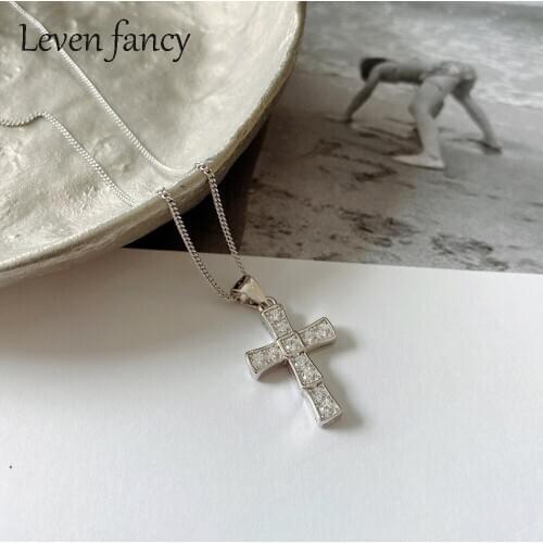 Romantic Valentines Day Jewelry 925 Sterling Silver Cross CZ Crystal Zircon Stone Pendant Necklace Christmas Gift