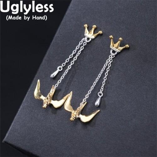 Uglyless Crown for Birds Swallows Earrings for Women 925 Sterling Silver Crowns Studs Earrings Ethnic Long Tassel Brincos Bijoux