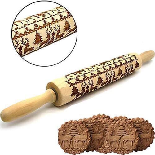 UPORS 35*5cm Embossing Rolling Pin with Engraved Christmas Pattern for Baking Embossed Cookies Fondant Dough Wooden Rolling Pin