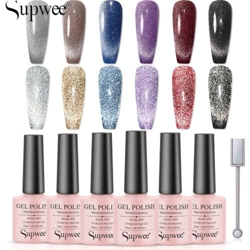 Supwee 10ML Reflective Glitter Cat Eye Nail Gel Polish UV Nail With Magnet Nails Art Varnish Semi Permanent Need Top Base Coat