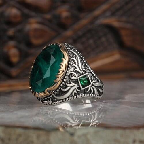 Emerald 925 Silver Engraved Traditional Handmade Turkish Signet Ring Jewelry Gift for Women Men