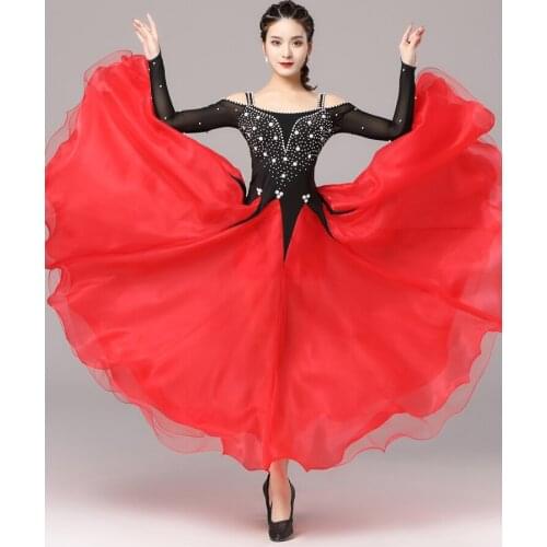 Female Ballroom Dance Performance Dress Standard Waltz Professional Competition Clothing Off-Shoulder Rhinestone Dancewear 3784