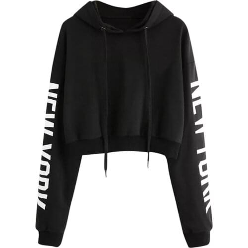 Autumn Hoodies Women Letter Long Sleeve Drawstring Sweatshirts Crop Top Hoodie Pullover Sweatshirt Black Top Blouse Sudaderas