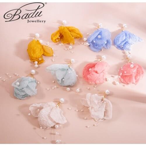 Badu Yarn Flower Earrings Bohemian Handmade Pearl Tassel Jewelry Colorful Drop Earring for Women Fashion Fabric Fringe Dangle