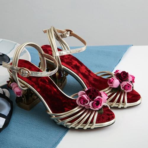 Womens Peep Toe Flowers Strappy Strange High Bird Cage Heel Ankle Buckle Velvet Slingback Sandals Shoes Hollow Plus Size 2021