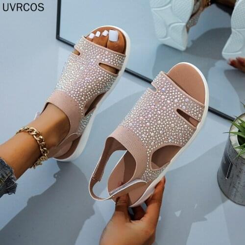2021 New Summer Women Sandals Sexy Shoes Crystal Casual Woman Flats Buckle Strap Ladies Fashion Beach Shoe Big Size 36-43