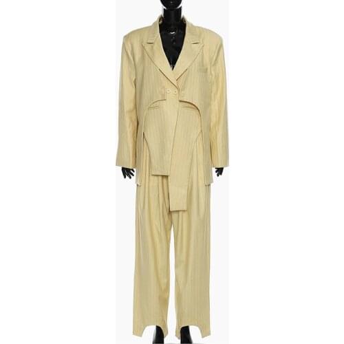 SeeBeautiful Two Pieces Striped Personality Tailoring Irregular Loose Blazers Coat Lace Up Pants New Fashion 2021 Autumn E737