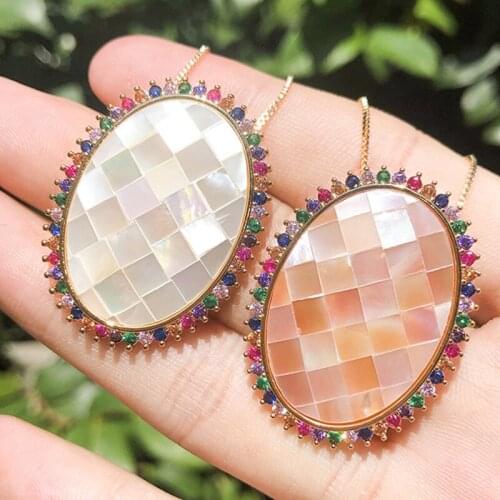 Women Necklace Female Fashion Oval Egg Shaped Mosaic Shell Pendant Big Round Pendant Necklace Fashion Jewelry