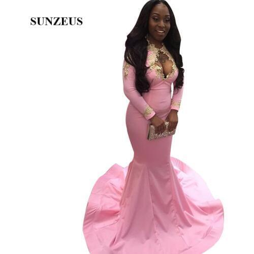 Mermaid Long Sleeves Pink Prom Dress With Gold Appliques Keyhole Front Long Party Gowns Black Girls vestidos de gala elegante