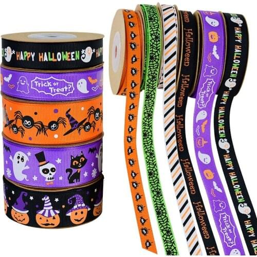 10Yards 10/15/20mm Halloween Polyester Satin Ribbon Spider Ghost Printed Grosgrain Ribbon For Halloween Candy Gift Packing Decor