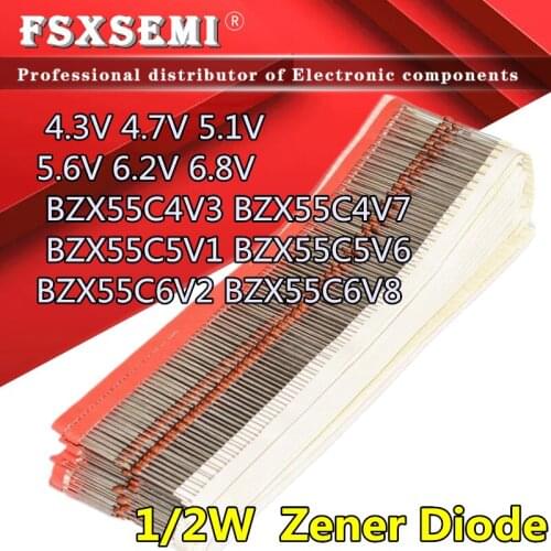 100pcs 1/2W Zener Diode 0.5W 4.3V 4.7V 5.1V 5.6V 6.2V 6.8V BZX55C4V3 BZX55C4V7 BZX55C5V1 BZX55C5V6 BZX55C6V2 BZX55C6V8