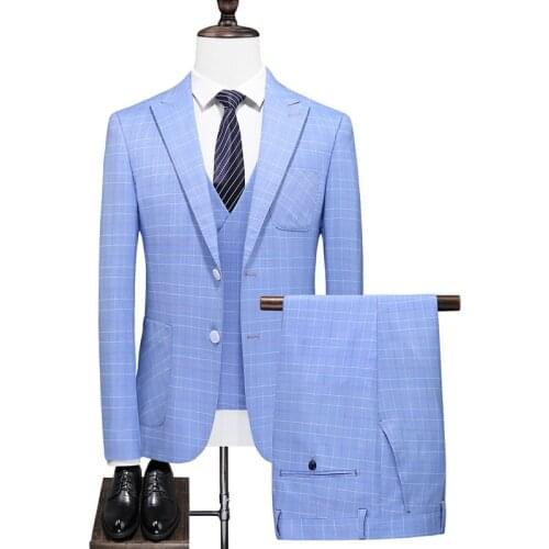 Blazers Pants Vest Sets / 2021 new luxury boutique mens fashion business suit male Sky blue slim wedding casual tuxedo Mariage