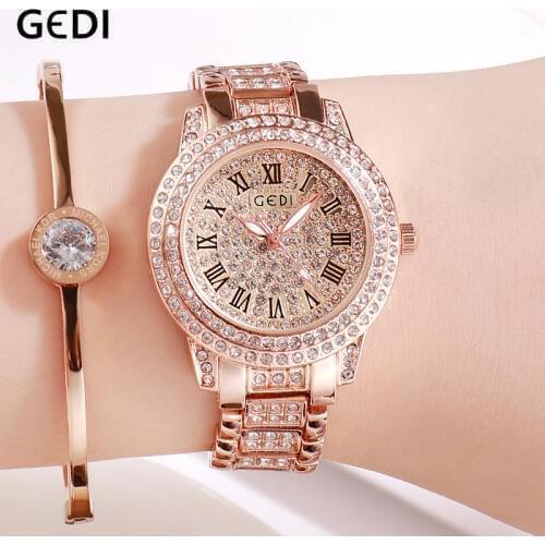 GEDI Women Watches Gold Luxury Brand Diamond Quartz Ladies Wrist Watches Stainless steel Clock Female Watch relogio feminino