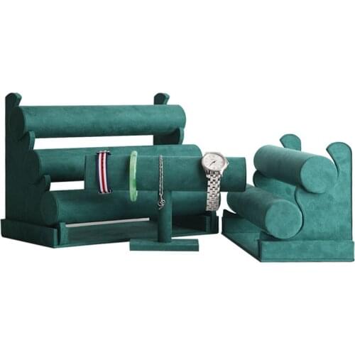 Portable Jewelry Stand Holder Large Capacity Bracelets Bangles Storage Retro Dark Green Jewelry Display Velvet Watch T-Bar Rack