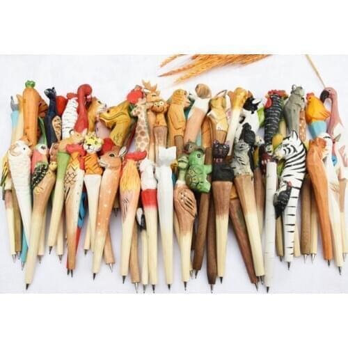 Creative Carved Wooden Animal Pen BallPoint Stationery Hand Painted Vintage Wood pens Back To School Party Favors