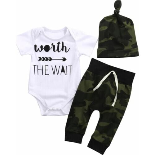 Baby Boy Coming Home Outfits Newborn Romper + Camouflage Infant Long Pants Haps 3pcs Sets Kids Clothes Boy Clothing