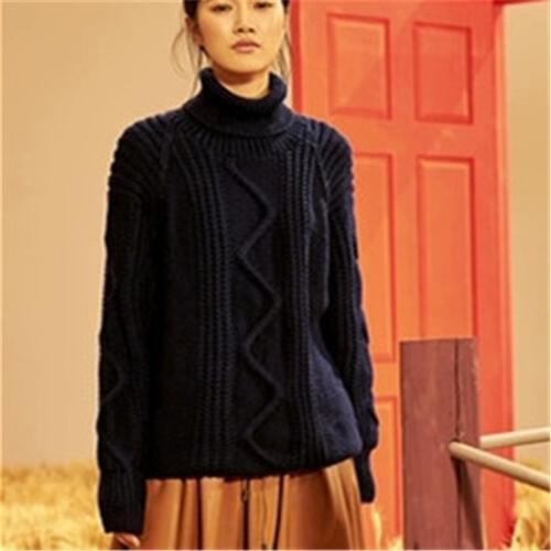 100% hand made pure wool turtleneck solid knit women fashion loose long pullover sweater white 6color customized