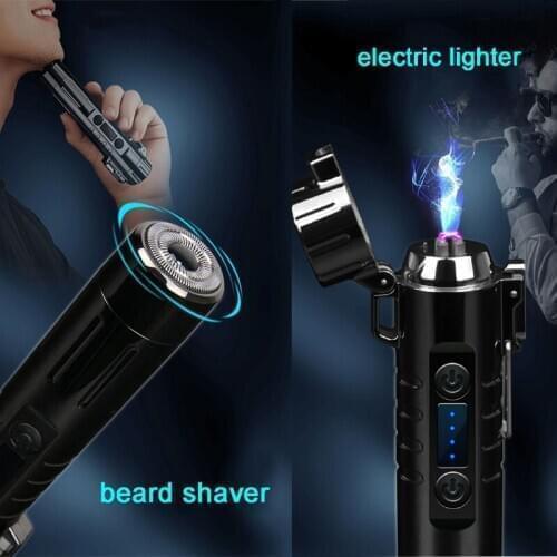 Dual ARC Plasma Electic Lighter With Mens Razor Beard Shaver Windproof USB Rechargable