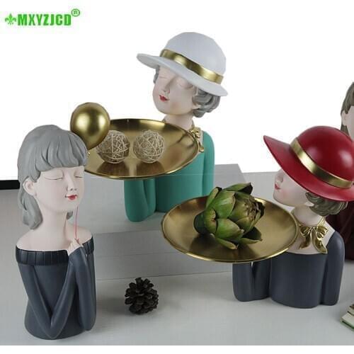 Nordic Resin Lady Tray Girl Statue Art Crafts Ornaments Entrance Key Storage Home Decoration Accessories Bowls Plates