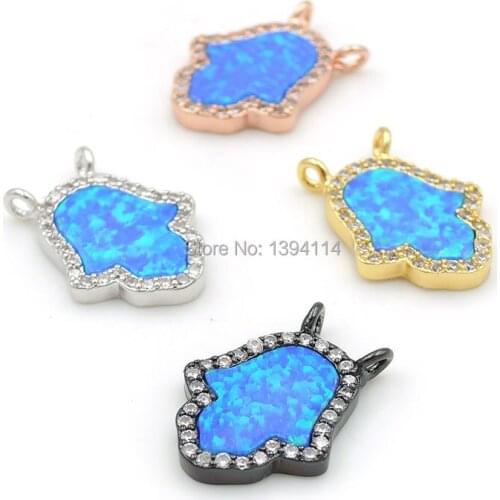 15*12*2mm Micro Pave Clear CZ Hand Settings Of Gluing Blue Opal Charms Of Double Loops Fit For Making Necklaces Jewelry
