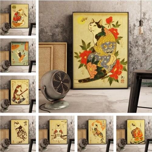 Retro Japanese samurai cat tattoo cat posters Art Decor wall Decor Cute Animal Quality Canvas Painting For Home Decor