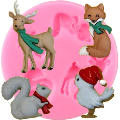 Christmas Silicone Mold Deer Fox Squirrel Birds Cupcake Topper Fondant Molds Cake Decorating Tools Candy Clay Chocolate Moulds