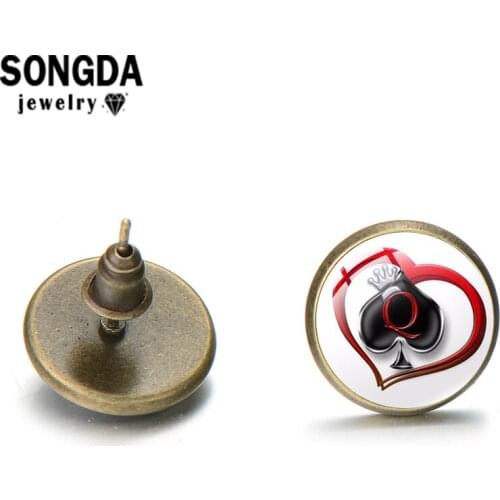 SONGDA Poker Spades Q Stud Earring Cabochon Glass Dome Earrings Classically Vintage Pattern Trinket for Women Best Jewelry Gifts
